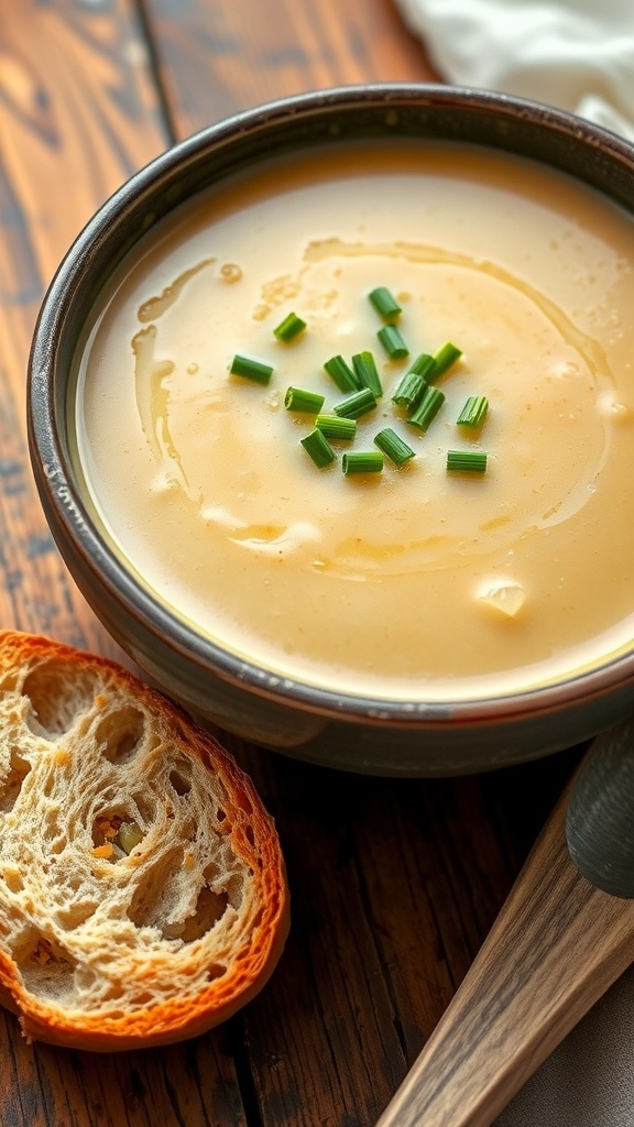 A bowl of creamy leek and onion soup garnished with chives, served with crusty bread on a wooden table.